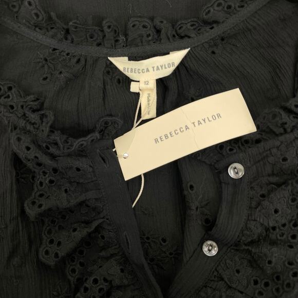 Rebecca Taylor Black Dree Silk Blend Eyelet Ruffle Mini Dress Size 12 - Picture 11 of 12